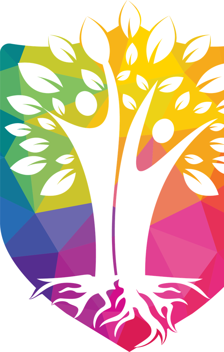The Upside mark: two people reaching upward, their arms growing into the branches of a colorful tree